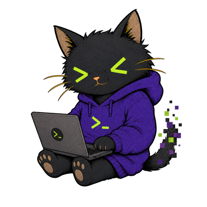 Eva, la mascota de eve.devs, programando con su laptop
